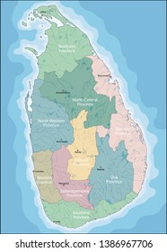 Mapa de Sri Lanka com os distritos coloridos em cores brilhantes