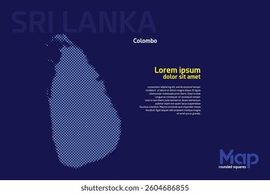 Map of Sri Lanka featuring rounded squares with light blue color. The location of the capital marked with a red square. Isolated on a dark blue background. Perfect for various design projects