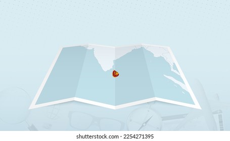 Map of Sri Lanka with the flag of Sri Lanka in the contour of the map on a trip abstract backdrop. Travel illustration.
