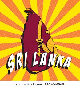 map of sri lanka with national flag in retro comic pop art style on colorful background with radial lines