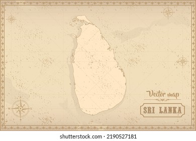 Map of Sri Lanka in the old style, brown graphics in retro fantasy style