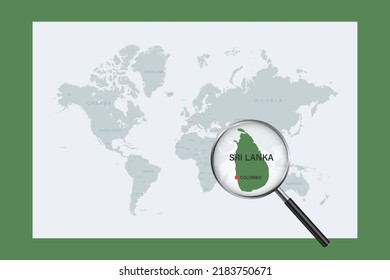Map of Sri Lanka on political world map with magnifying glass