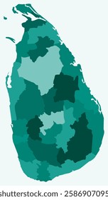 Map of Sri Lanka with regions. Just a simple country border map with region division. Teal color palette. Plain Sri Lanka shape with administrative division. Vector illustration.