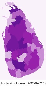 Map of Sri Lanka with regions. Just a simple country border map with region division. Purple color palette. Flat Sri Lanka shape with administrative division. Vector illustration.