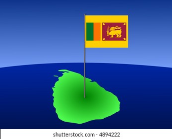map of Sri Lanka and their flag on pole illustration