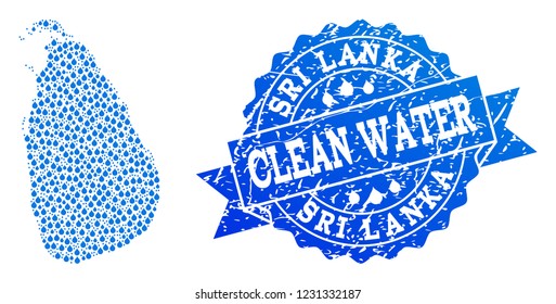 Map of Sri Lanka vector mosaic and clean water grunge stamp. Map of Sri Lanka formed with blue water dews. Seal with unclean rubber texture for clean drinking water.