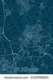 Mapa de St Albans, uma cidade em Hertfordshire, Inglaterra. O mapa é renderizado em um estilo minimalista com um fundo azul escuro e linhas brancas representando estradas e ruas.