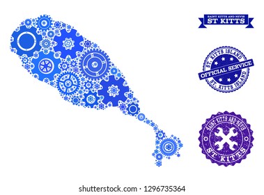 Map of St Kitts Island designed with blue cog symbols, and isolated scratched watermarks for official repair services.