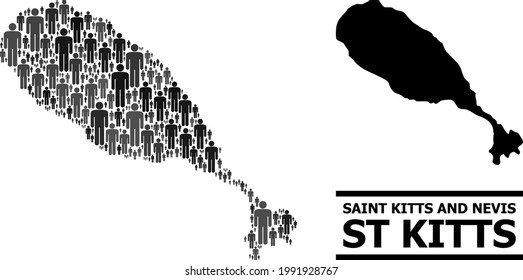 Map of St Kitts Island for political posters. Vector nation abstraction. Abstraction map of St Kitts Island done of person pictograms. Demographic scheme in dark grey color shades.