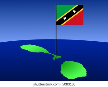 map of St Kitts and their flag on pole illustration