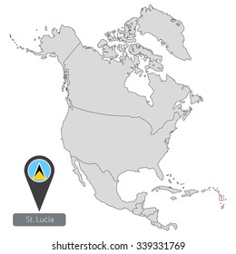 Map of St. Lucia with an official flag. Location in North America
