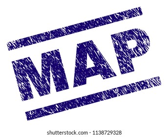 MAP stamp seal watermark with scratced style. Blue vector rubber print of MAP tag with unclean texture. Text tag is placed between parallel lines.