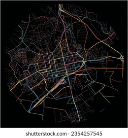 Map of StaraZagora with all major and minor roads, railways and waterways. Colorful line art on black background.