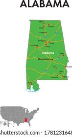 Map of the state of Alabama. The map depicts the state capitals, major cities and highways.