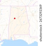 Map of the state Alabama (USA) showing the location of the city Tuscaloosa. The city is marked with a red dot and the state is also highlighted. No labels at all.