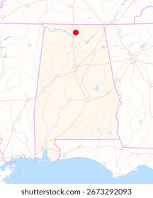 Mapa del estado de Alabama (Estados Unidos) que muestra la ubicación de la ciudad de Madison. La ciudad está marcada con un punto rojo y el estado también se destaca. No hay etiquetas en absoluto.