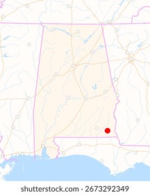 Mapa del estado de Alabama (Estados Unidos) que muestra la ubicación de la ciudad de Dothan. La ciudad está marcada con un punto rojo y el estado también se destaca. No hay etiquetas en absoluto.