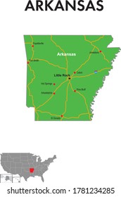 A map of the state of Arkansas. The map depicts the state capitals, major cities and highways.