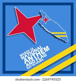 Map of the state of Aruba with its flag and frame with bold text on a blue background to commemorate National Anthem and Flag Day in Aruba on March 18