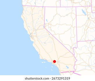 Map of the state California (USA) showing the location of the city Arcadia. The city is marked with a red dot and the state is also highlighted. No labels at all.