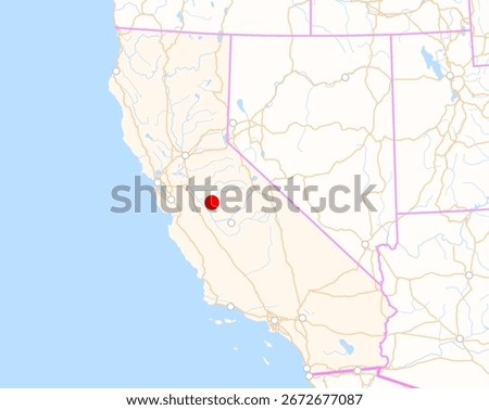 Map of the state California (USA) showing the location of the city Merced. The city is marked with a red dot and the state is also highlighted. No labels at all.
