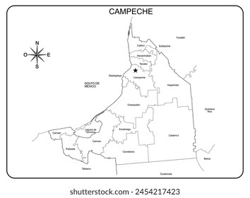 Karte des Bundesstaates Campeche mit den Gemeinden von Mexiko, in schwarz und weiß