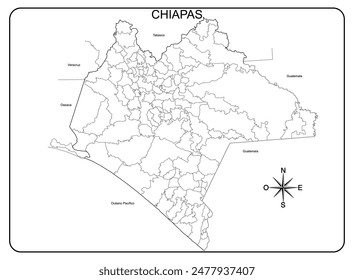 Map of the State of Chiapas, in Mexico, in black and white