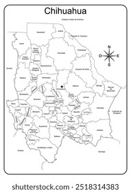 Mapa do estado de Chihuahua com divisão política pelos municípios