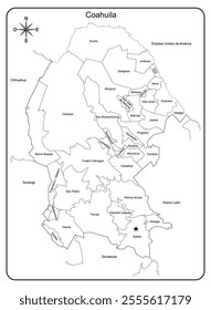 Map of the State of Coahuila in black and white