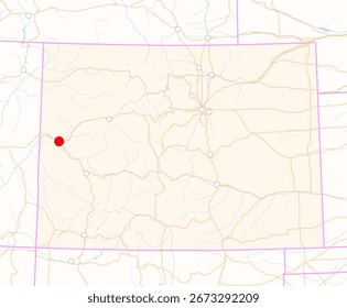 Map of the state Colorado (USA) showing the location of the city Grand Junction. The city is marked with a red dot and the state is also highlighted. No labels at all.