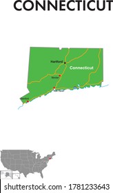 Mapa del estado de Connecticut. El mapa muestra las capitales de estado, las principales ciudades y autopistas.