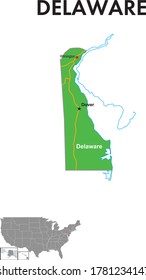 Mapa del estado de Delaware. El mapa muestra las capitales de estado, las principales ciudades y autopistas.