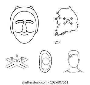 A map of the state with a flag, a Korean mask, a national egg meal, a crossroads with traffic lights. South Korea set collection icons in outline style vector symbol stock illustration web.