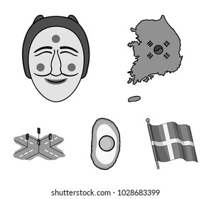 A map of the state with a flag, a Korean mask, a national egg meal, a crossroads with traffic lights. South Korea set collection icons in monochrome style vector symbol stock illustration web.