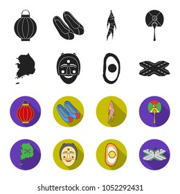 A map of the state with a flag, a Korean mask, a national egg meal, a crossroads with traffic lights. South Korea set collection icons in black,flet style vector symbol stock illustration web.