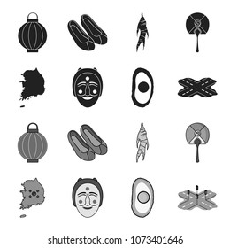 A map of the state with a flag, a Korean mask, a national egg meal, a crossroads with traffic lights. South Korea set collection icons in black,monochrome style vector symbol stock illustration web.