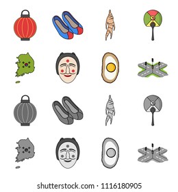 A map of the state with a flag, a Korean mask, a national egg meal, a crossroads with traffic lights. South Korea set collection icons in cartoon,monochrome style vector symbol stock illustration web.