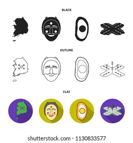 A map of the state with a flag, a Korean mask, a national egg meal, a crossroads with traffic lights. South Korea set collection icons in black,flat,outline style vector symbol stock illustration web.