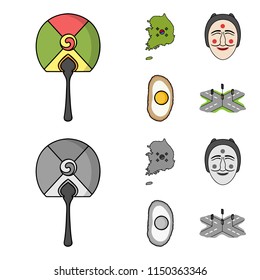 A map of the state with a flag, a Korean mask, a national egg meal, a crossroads with traffic lights. South Korea set collection icons in cartoon,monochrome style vector symbol stock illustration web.