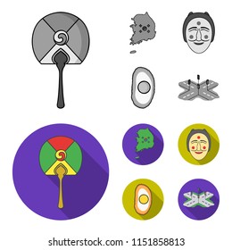 A map of the state with a flag, a Korean mask, a national egg meal, a crossroads with traffic lights. South Korea set collection icons in monochrome,flat style vector symbol stock illustration web.
