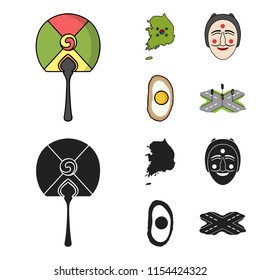 A map of the state with a flag, a Korean mask, a national egg meal, a crossroads with traffic lights. South Korea set collection icons in cartoon,black style vector symbol stock illustration web.