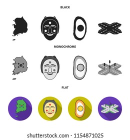 A map of the state with a flag, a Korean mask, a national egg meal, a crossroads with traffic lights. South Korea set collection icons in black, flat, monochrome style vector symbol stock illustration