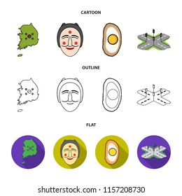 A map of the state with a flag, a Korean mask, a national egg meal, a crossroads with traffic lights. South Korea set collection icons in cartoon,outline,flat style vector symbol stock illustration