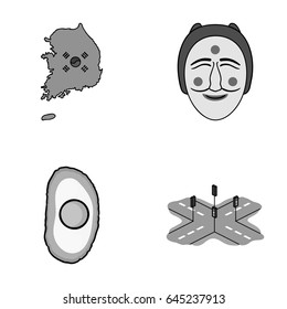 A map of the state with a flag, a Korean mask, a national egg meal, a crossroads with traffic lights. South Korea set collection icons in monochrome style vector symbol stock illustration web.