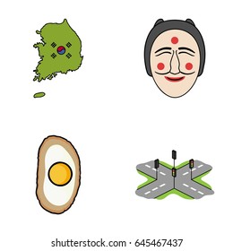 A map of the state with a flag, a Korean mask, a national egg meal, a crossroads with traffic lights. South Korea set collection icons in cartoon style vector symbol stock illustration web.