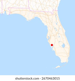 Map of the state Florida (USA) showing the location of the city North Port. The city is marked with a red dot and the state is also highlighted. No labels at all.