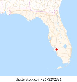 Mapa do estado da Flórida (EUA) mostrando a localização da cidade Fort Myers. A cidade é marcada com um ponto vermelho e o estado também é destacado. Sem rótulos.