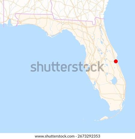 Map of the state Florida (USA) showing the location of the city Melbourne. The city is marked with a red dot and the state is also highlighted. No labels at all.