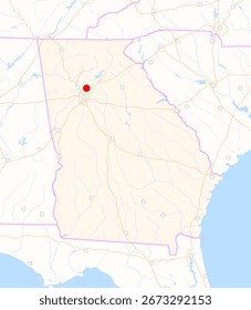Mapa del estado de Georgia (Estados Unidos) que muestra la ubicación de la ciudad de Dunwoody. La ciudad está marcada con un punto rojo y el estado también se destaca. No hay etiquetas en absoluto.