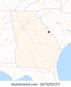 Mapa del estado de Georgia (Estados Unidos) que muestra la ubicación de la ciudad de Augusta-Richmond. La ciudad está marcada con un punto rojo y el estado también se destaca. No hay etiquetas en absoluto.